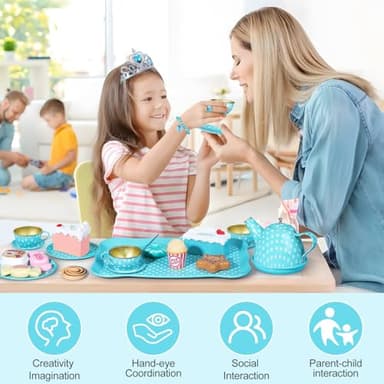 Tea Party Set for Little Girls, 49PCS Princess Tea Time Toys Including Tea Set Dessert Carrying Case, Kids Kitchen Pretend Playset (Bunny Tea Party Set Blue) - Image 5
