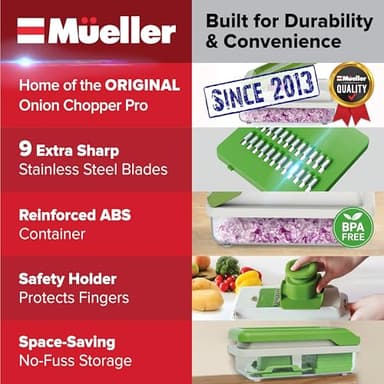 Mueller Vegetable Chopper 9 Blade, Mandoline Slicer, Food Veggie Chopper, Cheese Grater, Onion Vegetable Cutter with Container, Dicer, Kitchen Gadgets & Essentials, White Sand/Green - Image 2