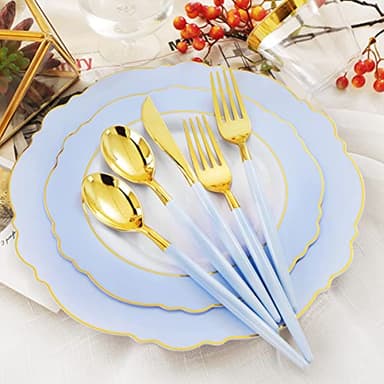 WDF 150pieces Baby Blue Plastic Plates with Gold Rim - Disposable Gold Plastic Silverware With Blue Handle-Baroque Light Blue&Gold Disposable Plates Dinnerware for Wedding/Party - Image 3