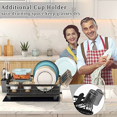 Godboat Dish Drying Rack, Dish Rack with Auto-Drain & Mat, Dish Drainers for Kitchen Counter, Glass Organizer for 4 Cups, 3 Slots Utensil Holder,Gifts for Women Mothers Day, Kitchen Gadgets & Decor - Image 6