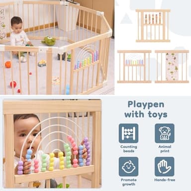 Foldable Wooden Baby Playpen Activity Center,Adjustable Size & Shape Portable Play Yard, Baby Fence Play Area with Gate for Indoor Use for Babies and Toddlers(82x55x24inches) - Image 2
