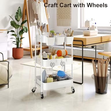 3 Tier Heavy Duty White Metal Rolling Cart with Lockable Wheels, Three Tier Roller Book Snack Cart, Utility Storage Organizer Carts for Kitchen, Bathroom, Garage, Baby Diaper, Craft, Art, Teacher - Image 2