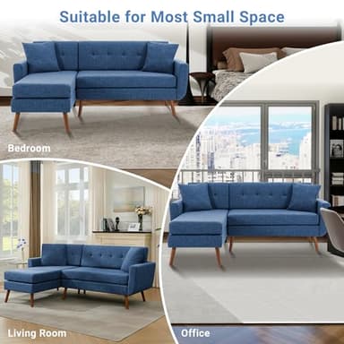 Tbfit L Shaped Couch Sofa, 80" W Mid-Century Modern Sectional Couches, 3 Seater Sofas with Wide Chaise Lounge & Two Pillows,Button Tufted Upholstered Sectional Sofa for Living Room, Bedroom, Blue - Image 7