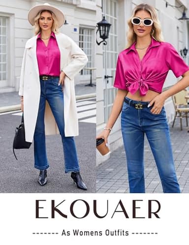 Ekouaer Silk Pajamas for Womens Set 2 Piece Satin Pjs Soft Button Down Sleepwear Wide Leg Long Pants with Pockets Hot Pink - Image 5