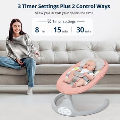 Bioby Baby Swing for Infants with 5 Natural Sway Speeds, Portable Bt Music Baby Bouncer with Remote Control & 5-Point Harness, Lightweight Baby Rocker for 5-20 Lb,0-12 Months Pink - Image 5