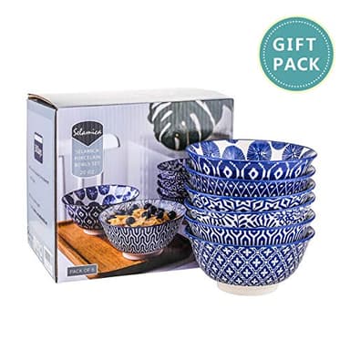 Selamica Blue and White Porcelain 20oz Cereal Bowl Set - Set of 6, 6 inch Soup Bowls, Ceramic bowls for Cereal, Soup, Salad and Pasta, Vintage Blue - Image 8