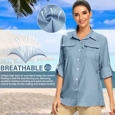 Women's UPF Long Sleeve Fishing Shirts Button Up Hiking Safari Shirts Sun Protection and Quick Dry,Light Blue,XXL - Image 8