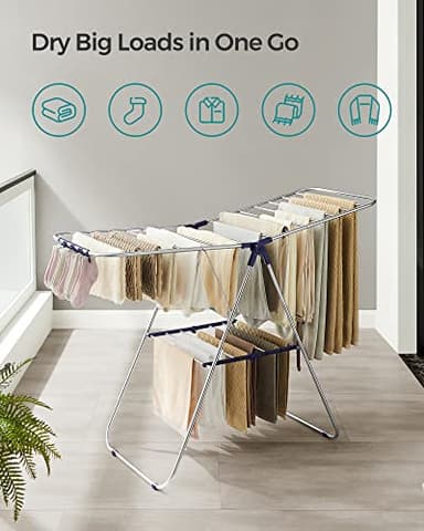 SONGMICS Clothes Drying Rack, with Sock Clips, Metal Laundry Rack, Foldable, Space-Saving, Free-Standing Airer, with 2 Height-Adjustable Gullwings, Indoor Outdoor Use, Silver and Blue ULLR52BU - Image 3