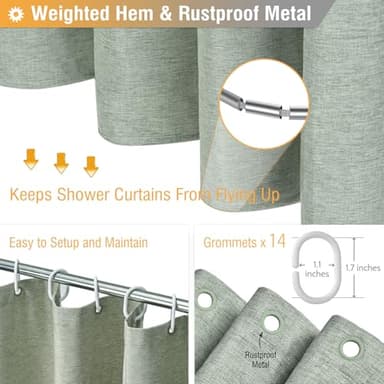BTTN 84 Inch Wide Shower Curtain - W84xH72 Linen Textured Heavy Duty Fabric Shower Curtain Set with 14 Plastic Hooks, Large Hotel Simple Waterproof Polyester Bath Curtains for Bathroom - Sage Green - Image 6