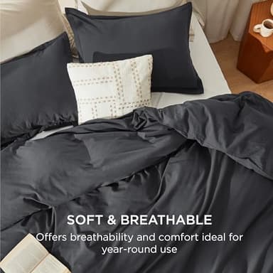 Bedsure 100% Stone Washed Cotton Duvet Cover King - Charcoal Minimalist Cotton Duvet Cover Set Linen Like - 3 Pieces GentleSoft™ Plain Simple Bedding Set with 2 Pillow Shams (Charcoal, King, 104"x90") - Image 9