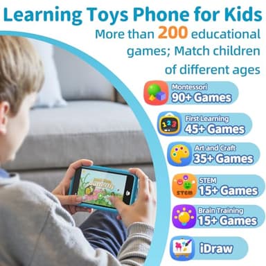 MOMILLA Kids Toys Smart Phone, Dual Camera with Stickers, 3.97" Touchscreen, Built-in 16GB Storage, 200+ Educational Puzzle Games, Learning Toys with Parental Control for Ages 3-8, Birthday Gift - Image 2