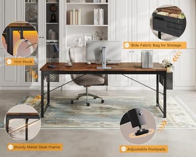 ODK Computer Desk Large Office Desk, 63 Inch Gaming Desk with Storage, Modern PC Work Table with Headphone Hook for Home Office, Splice Board, Rustic Brown - Image 6