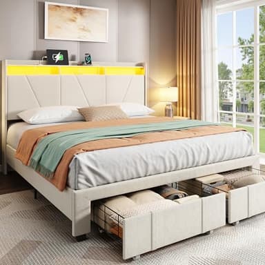 BedsPick Queen Size Bed Frame with LED Lights, Velvet Upholstered Platform Queen Bed Frame with 2 Storage Drawers and Adjustable Headboard, No Box Spring Needed Queen Bedframe (Beige, Queen) - Image 1