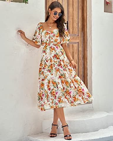 BTFBM Women Summer Dresses 2025 Casual Flowy Beach Square Neck Puff Short Sleeve Smocked Back Boho Floral Long Maxi Dress(Floral White Orange, Large) - Image 2