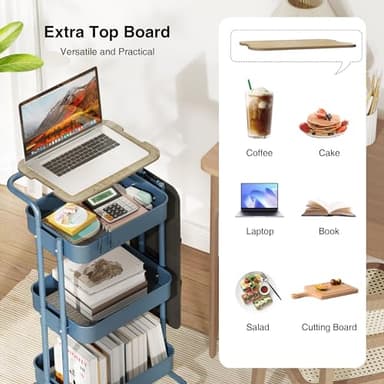 DTK 3 Tier Metal Utility Rolling Cart with Table Top and Side Bags, Metal Tray Storage Organizer Cart with Wheels, Art Craft Cart with 4 Hooks for Kitchen Bathroom Office Living Room (Blue) - Image 2