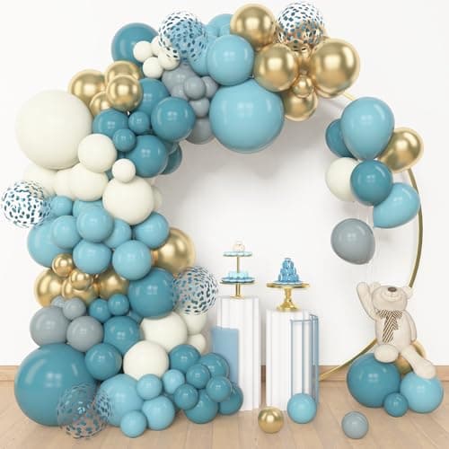 Amandir 153pcs Dusty Blue Balloon Garland Arch Kit, Different Sizes 18 12 10 5 inch Slate Fog Blue Ivory Latex Metallic Confetti Balloons for Boys Birthday Baby Shower Ocean Theme Party Decorations - Image 1