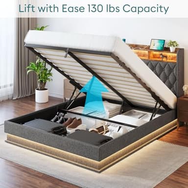 Queen Bed Frame with Storage - Lift Up Queen Size Bed Frame with Headboard, Upholstered Platform Bed with LED Lights & Charging Station, Hydraulic No Box Spring Needed Wood Slats Support, Grey - Image 8