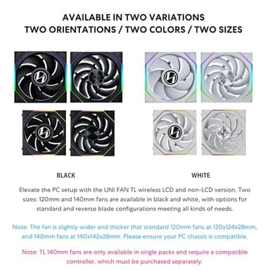 Lian Li UNI Fan TL - LCD Wireless 120 - Triple Pack (Reverse Blade) - 2.4 GHz Wireless Signal RGB & PC Case Fan - Infinity Mirror - LCD Display - Controller Included & Required - Black (12RTLLCD1W3B) - Image 3