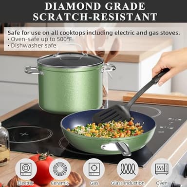 Nuwave Healthy Duralon Blue Ceramic Nonstick Cookware Set, Diamond Infused Scratch-Resistant, PFAS Free, Dishwasher & Oven Safe, Induction Ready & Evenly Heats, Tempered Glass Lids & Stay-Cool Handles - Image 5