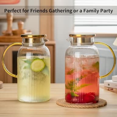 Buaic 2 PACK Glass Pitcher with Lid, 68 oz/ 2 Liter Classic Vertical Stripes Water Pitcher with Yellow Handle,Glass Water Carafe for Cold Brew, Coffee, Lemonade, Iced Sun Tea,Beverage,Heat Resistant - Image 4