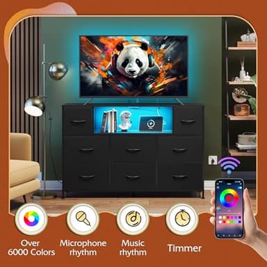 WLIVE Black TV Stand for 45, 50, 55 inch TV, Entertainment Center with LED Lights & Charging Station, TV Media Console Table with 8 Fabric Drawers and Open Shelves for Living Room, Hallway, Wood Top - Image 4