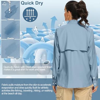 Women's UPF Long Sleeve Fishing Shirts Button Up Hiking Safari Shirts Sun Protection and Quick Dry,Light Blue,XXL - Image 3