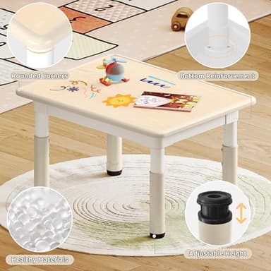 Kids Study Table and Chairs Set, Height Adjustable Toddler Table and Chair Set for Kids Ages 3-8, 31.5" L x 23.6" W Graffiti Desktop Plastic Children Art Table with 2 Seats, Burlywood - Image 5