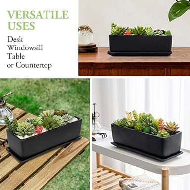MyGift 14 Inch Ceramic Indoor Plant Pot, Rectangular Succulent Planter, Decorative Flower Planter with Drainage Hole and Removable Tray, Matte Black - Image 5