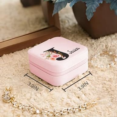 Personalized Jewelry Box with Initial and Name and Flower Custom Travel Leather Jewelry Organizer Box for Women Maid of Honor Gifts Birthday Valentine's Day Christmas Gifts for Girls and Mom - Image 7