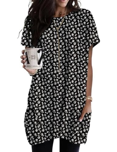 XL Black Going Out Tops for Women Trendy Tunic Work Shirts Cotton Short Sleeve Floral Dressy Tops and Blouses with Pockets Outfits Petite to Wear with Leggings - Image 1