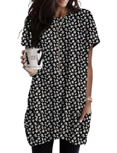 XL Black Going Out Tops for Women Trendy Tunic Work Shirts Cotton Short Sleeve Floral Dressy Tops and Blouses with Pockets Outfits Petite to Wear with Leggings - Image 1