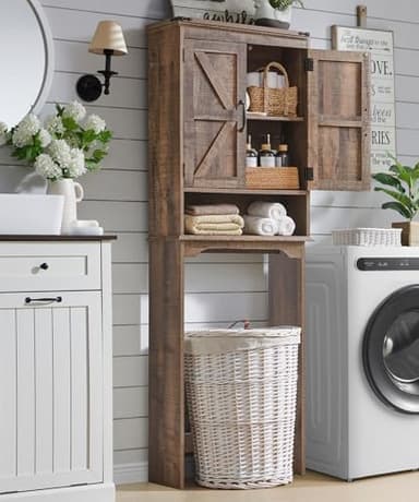 ACCOHOHO Over The Toilet Storage Cabinet, Farmhouse Bathroom Cabinet with Adjustable Shelf & Barn Door, 67" Tall Over The Toilet Shelf, Rustic Brown - Image 6