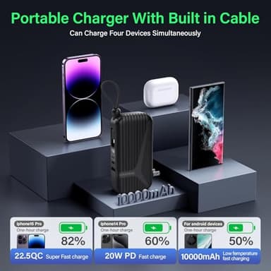 Portable Charger with Built in Cable and AC Wall Plug,10000 mAh External Battery Power Bank, LED Display 4 Outputs 2 Inputs, Travel Phone Charger Battery Pack for iPhone Air 16 15 14 13 Samsung iPad - Image 5