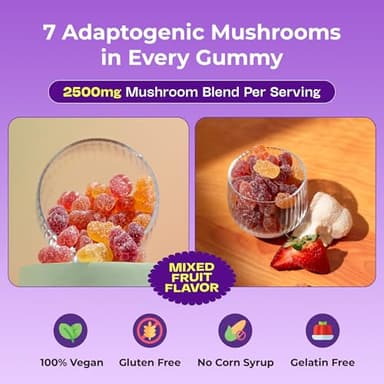Ashwagandha Gummies and Lions Mane Mushroom Gummies Supplement - Organic - Reishi, Cordyceps, Turkey Tail, Maitake, Shitake, Chaga - Immune Defense, Boosts Cognitive Performance, Vegan, Low Carb - Image 3