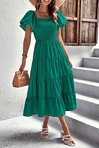 PRETTYGARDEN Women's Casual Summer Midi Dress Puffy Short Sleeve Square Neck Smocked Tiered Ruffle Dresses (Dark Green,Small) - Image 7