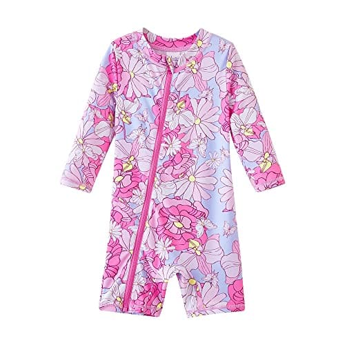 UMELOK Toddler Girls Swimsuit One Piece Full Zip with Long Sleeve UPF 50+ Sun Protection Swimwear Rash Guard Shirts Pink Flower,18M - Image 1