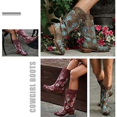 IUV Cowboy Boots For Women Mid Calf Cowgirl Boots Embroidered Pull-On Tabs Snip Toe Boot - Image 4
