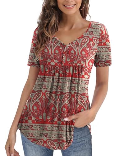 U.Vomade Womens Plus Size Tops Henley V Neck Blouses Short Sleeve Floral Shirts Multi Red 4X - Image 1