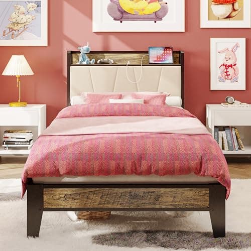 LIKIMIO Twin XL Bed Frames, Storage Headboard with Charging Station, Solid and Stable, Noise Free, No Box Spring Needed, Easy Assembly (Walnut and Beige) - Image 1