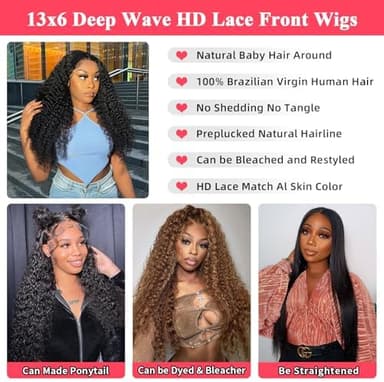 13x6 Deep Wave 180% Density Human Hair Wigs for Women - Deep Curly Lace Front Wig - Human Hair HD Lace Frontal Wig - Pre Plucked with Baby Hair - 40 Inch - Image 6