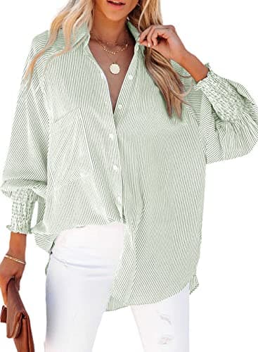 Womens Smocked Cuffed Striped Boyfriend Shirt Casual Collar Long Sleeve Oversized Button Down Blouse Tops with Pocket Shirred Light Green - Image 1