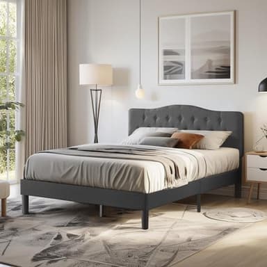VECELO Full Size Bed Frame Upholstered Platform with Tufted Adjustable Headboard/Mattress Foundation Wood Slat Support/Easy Assembly,Grey - Image 3