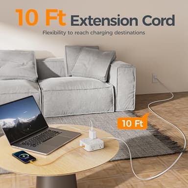 TESSAN 10 Ft Flat Plug Extension Cord with Multiple Outlets, Surge Protector Power Strip with 3 USB(1 USB C) 8 Outlets, 900J Protection, Desk Charging Station for Home, Dorm Room Essentials, White - Image 2