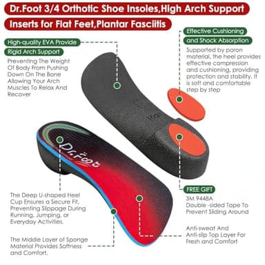 Dr. Foot 3/4 Orthotics Shoe Insoles, High Arch Supports Inserts for Flat Feet, Plantar Fasciitis, Over-Pronation, Fallen Arches (Red, Large(Men's 9-11 / Women's 10-12)) - Image 3