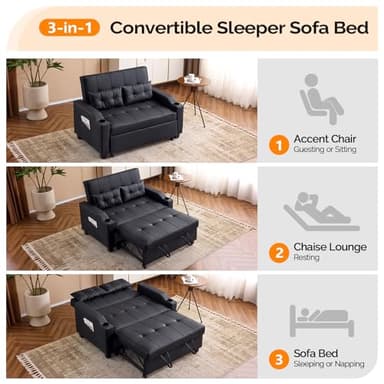 VINGLI Convertible Loveseat Sleeper, Black Faux Leather Futon Sofa Bed Pullout Couch Bed with USB Ports, Cup Holders, Armrest for Living Room, Bedroom, Home Office Apartment - Image 5