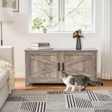 Homhedy 39.4" L Cat Litter Box Enclosure, Pet House with Barn Door, Wooden Cat Washroom Furniture, Fit Most of Litter Box, Greige - Image 3