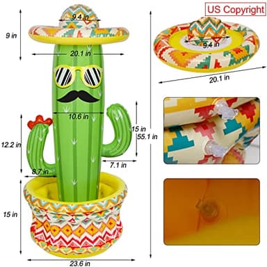 Triumpeek 55" Inflatable Cactus Cooler, Fiesta Cactus Ice Bucket Wearing Sombrero for Summer Swimming Pool Hawaiian Themed Party Supplies, Cinco de Mayo Party Cooler Decor - Image 2