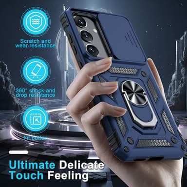 Janmitta Compatible with Samsung Galaxy S25 Plus/S24 Plus Case Built in Slide Camera Lens Cover+Screen Protector+Finger Ring Holder Kickstand,Heavy Duty Shockproof Full Body Phone Cover,Blue - Image 7