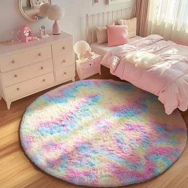 Ophanie Round Rug 6Ft Rainbow Circle Area Rug, Cute Room Decor for Teen Girls, Fluffy Fuzzy Bedroom Carpet, Plush Soft Shaggy Living Room Rugs for Kids Home Decor Aesthetic, Nursery - Image 5