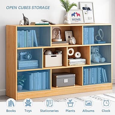 IOTXY Open Shelf Low Bookcase - Wooden 3-Tier Floor Standing Display Cabinet Organizer with Base, 10 Cubes Short Horizontal Bookshelf in Pear Yellow - Image 6